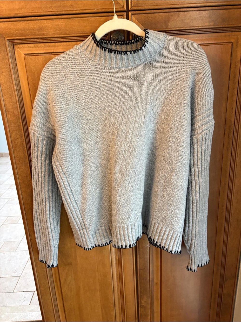 Joie Light Gray Ribbed Crewneck Sweater with Black Trim